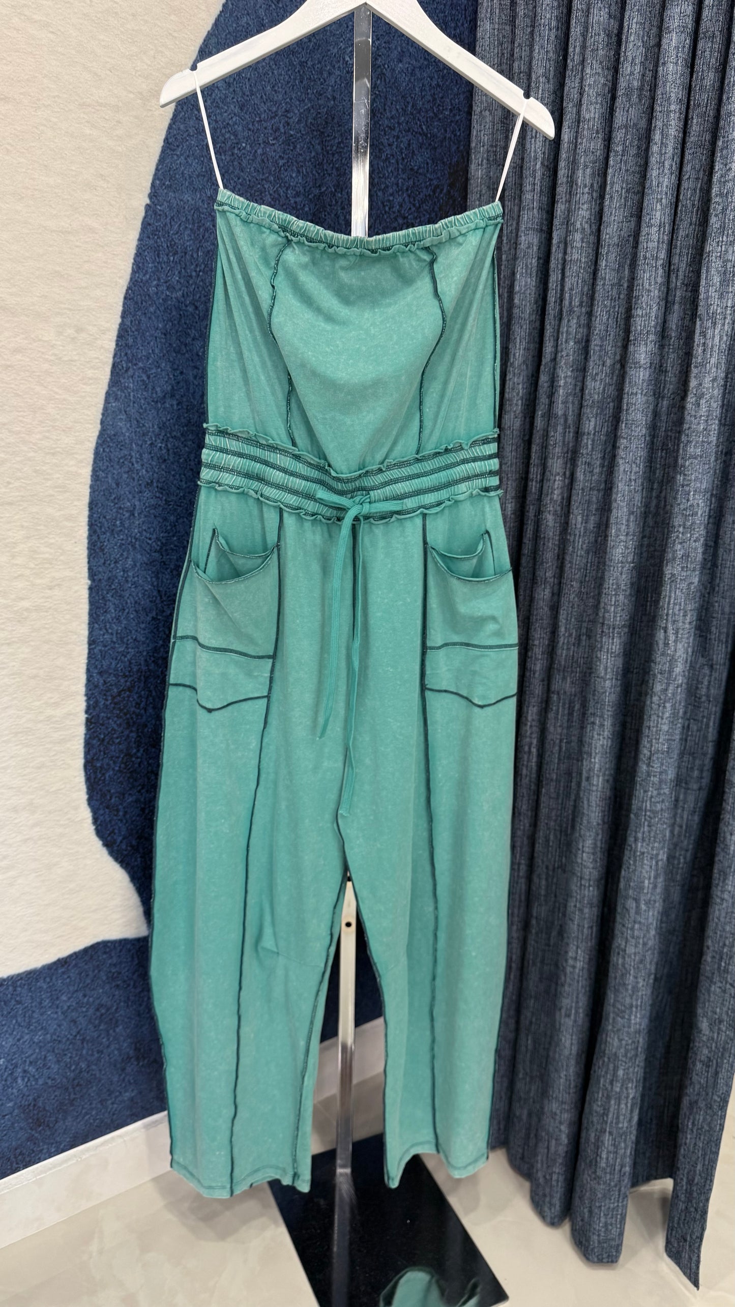 Dusty Mint Mineral Washed Strapless Jumpsuit
