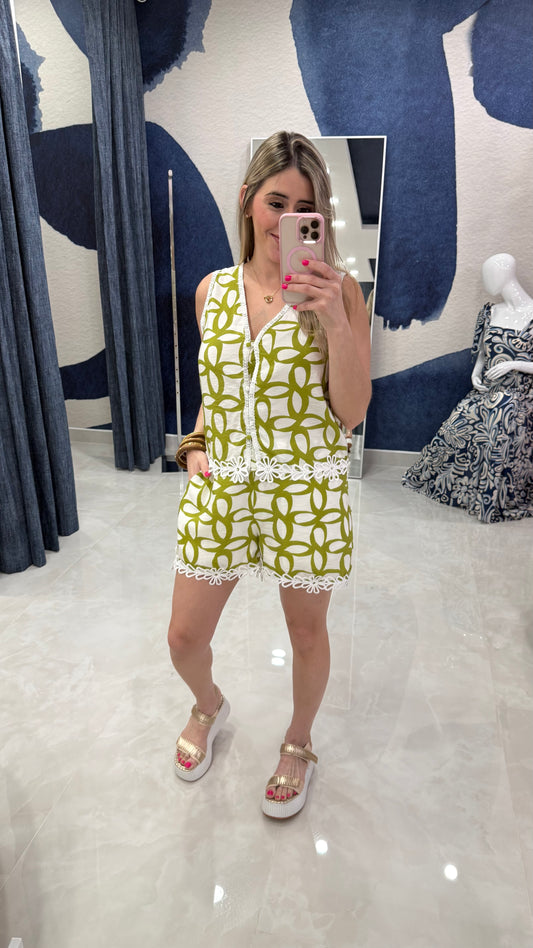 Embroidery Printed Top & Short Set Green