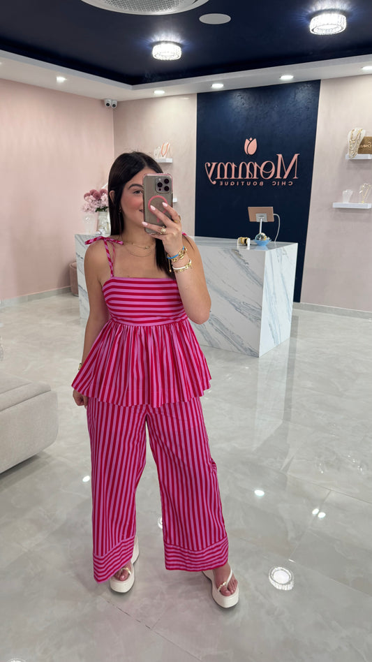Stripped Peplum Top & Pant Set Pink
