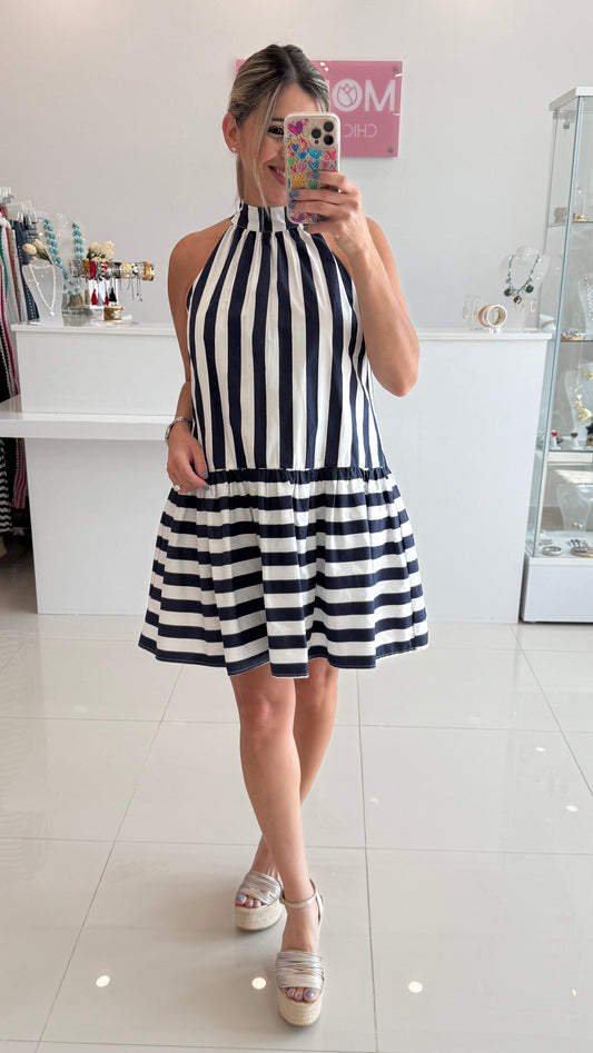 Halter Stripe Dress Navy and White