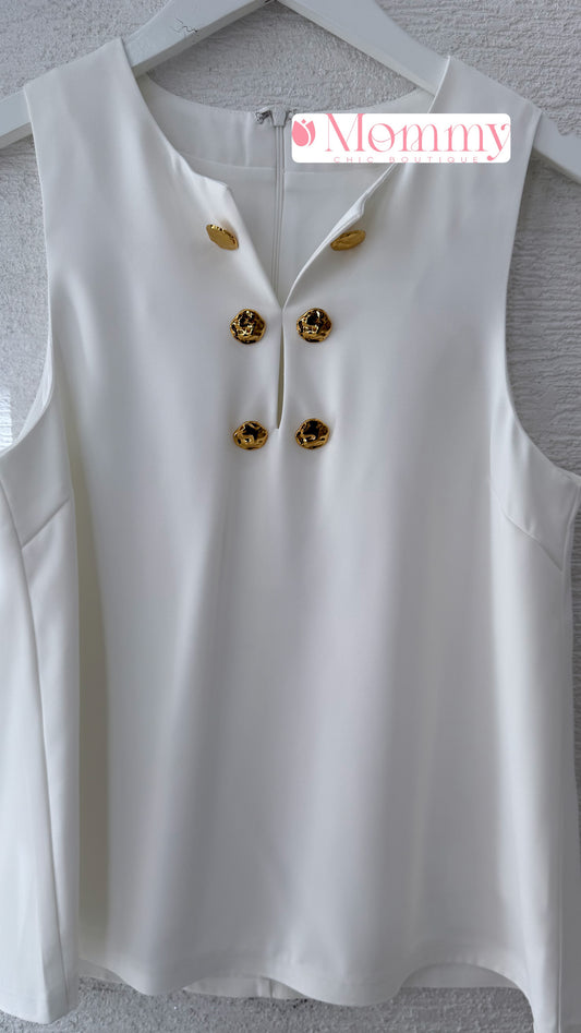 Sleeveless Top With Gold Button Off White