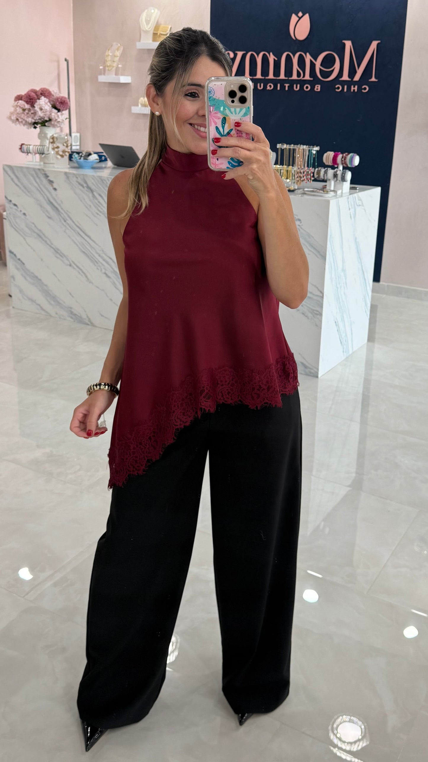 Asymmetric Satin & Lace Top Wine