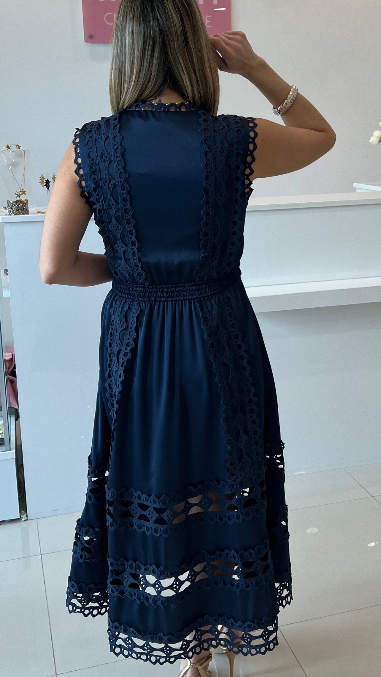 Midi Dress With Crochet Navy