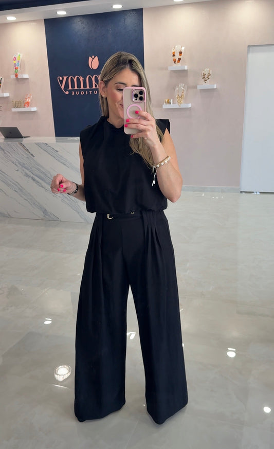 Sleeveless Top & Pleated Wide Leg Pant Black