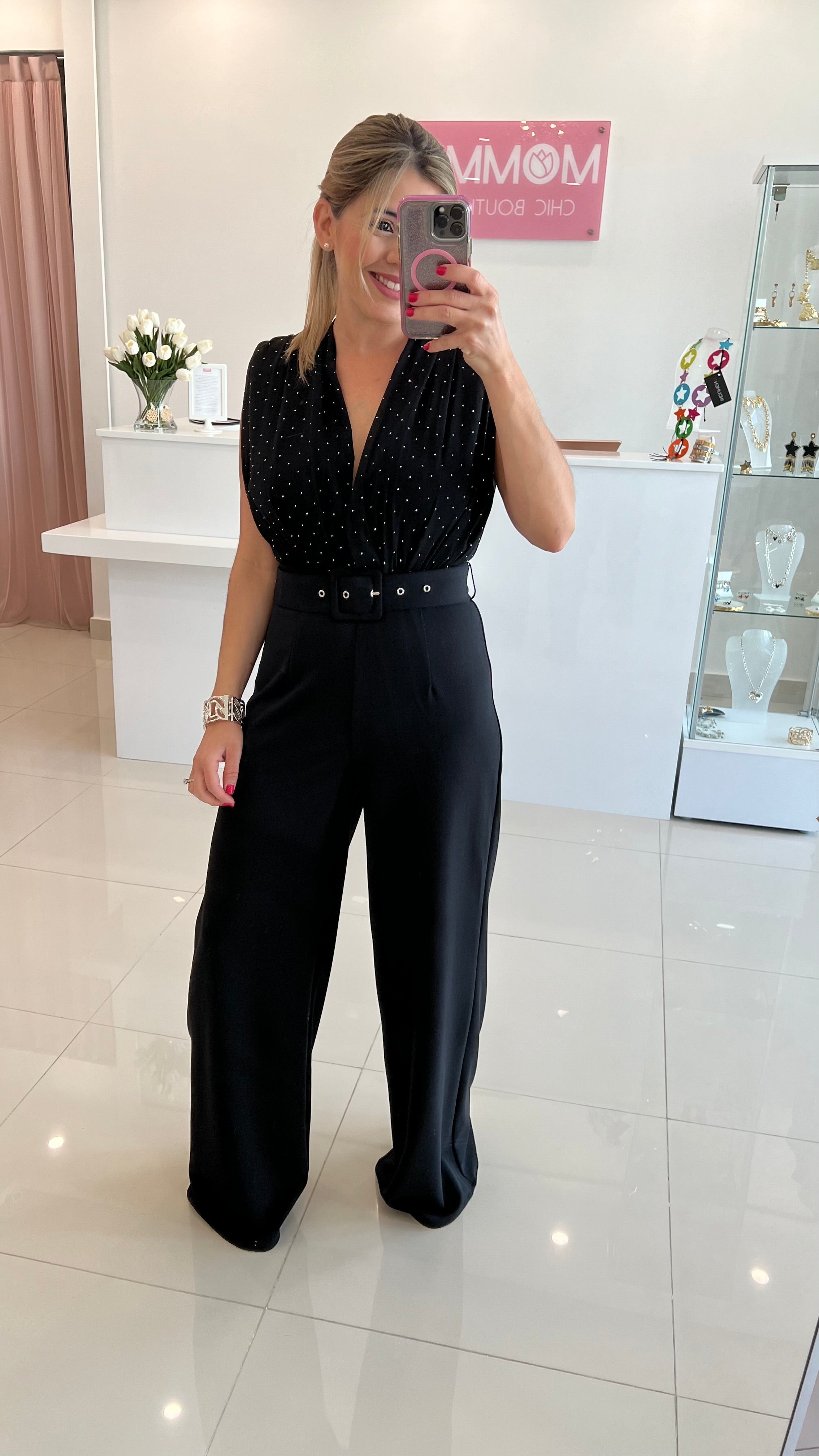 Black studded jumpsuit online