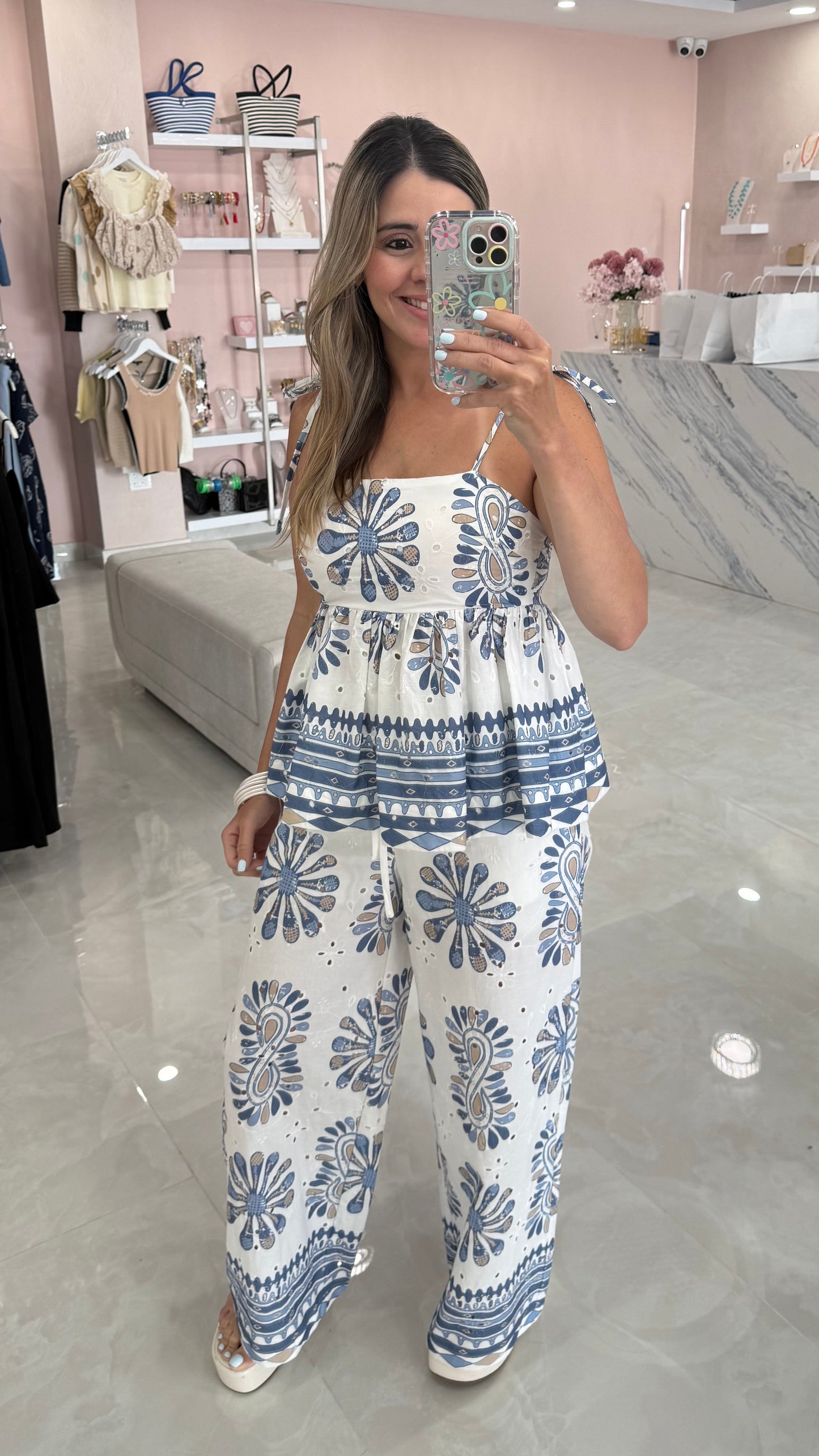 Embroidery Printed Peplum Top & Pant Blue