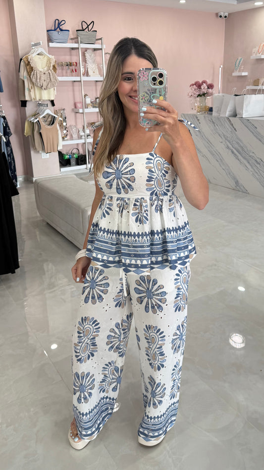 Embroidery Printed Peplum Top & Pant Blue