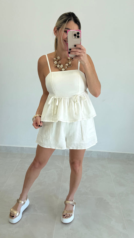 Peplum Top & Short Set White