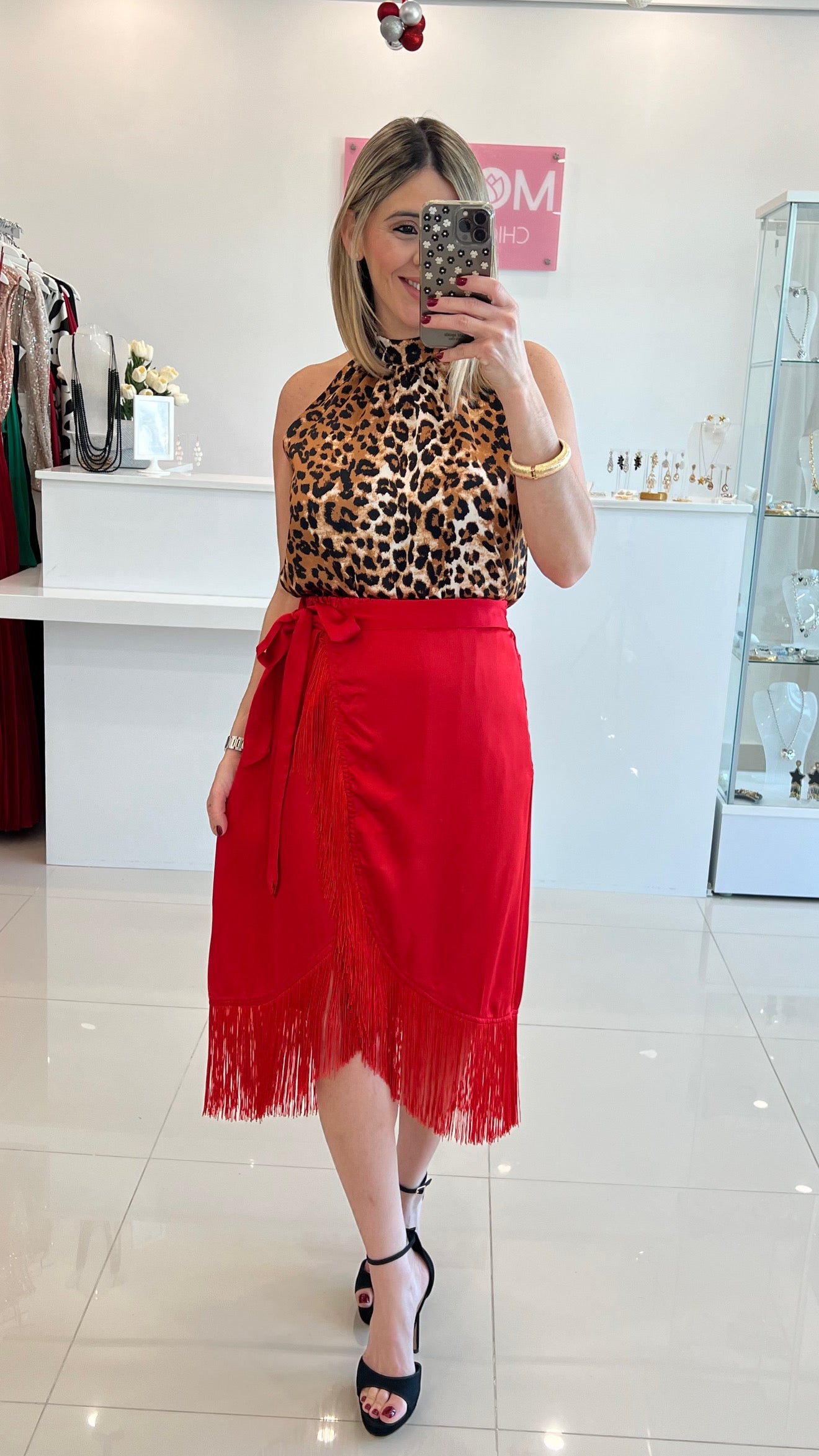 Fringe Satin Skirt Red