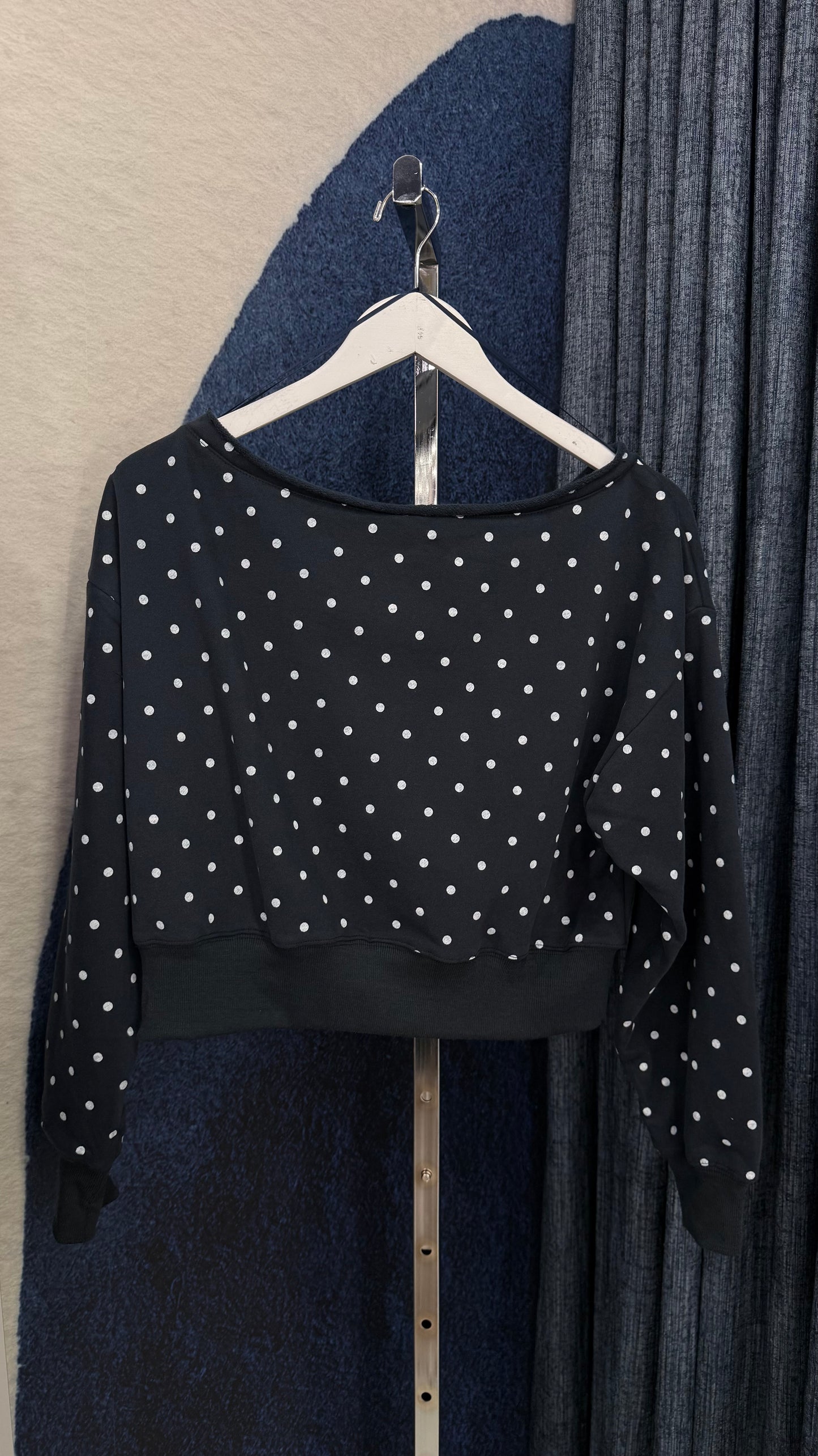 Polka Dots Off Shoulder Sweatshirt Navy