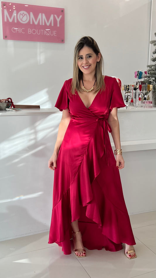 Satin Wrap Maxi Dress Red/Burgundy