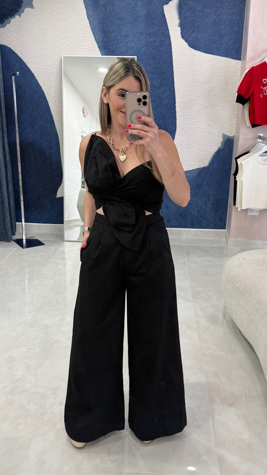 One Shoulder Bow Crop Top & Pant Black