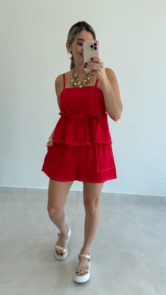 Peplum Top & Short Set Red