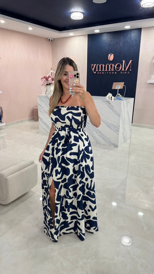 Strapless Printed Maxi Dress Navy / Ivory