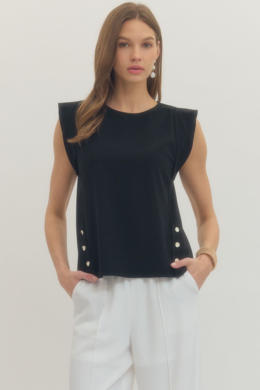 Stylish Black Top W Gold Side Button