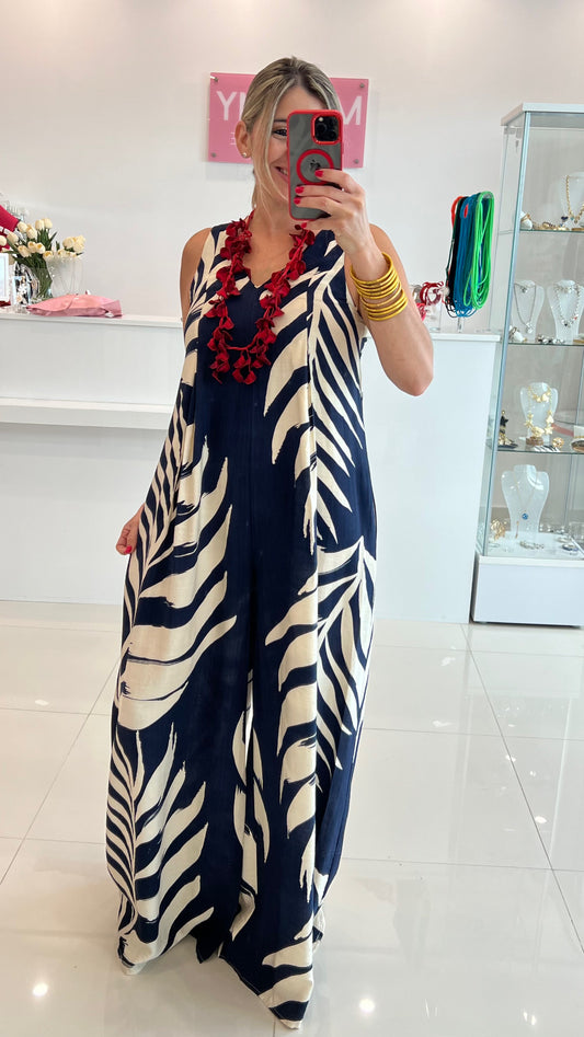 Printed Leaf Jumpsuit Navy
