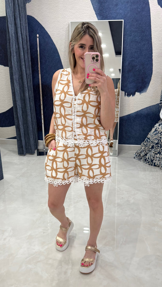 Embroidery Printed Top & Short Set Taupe