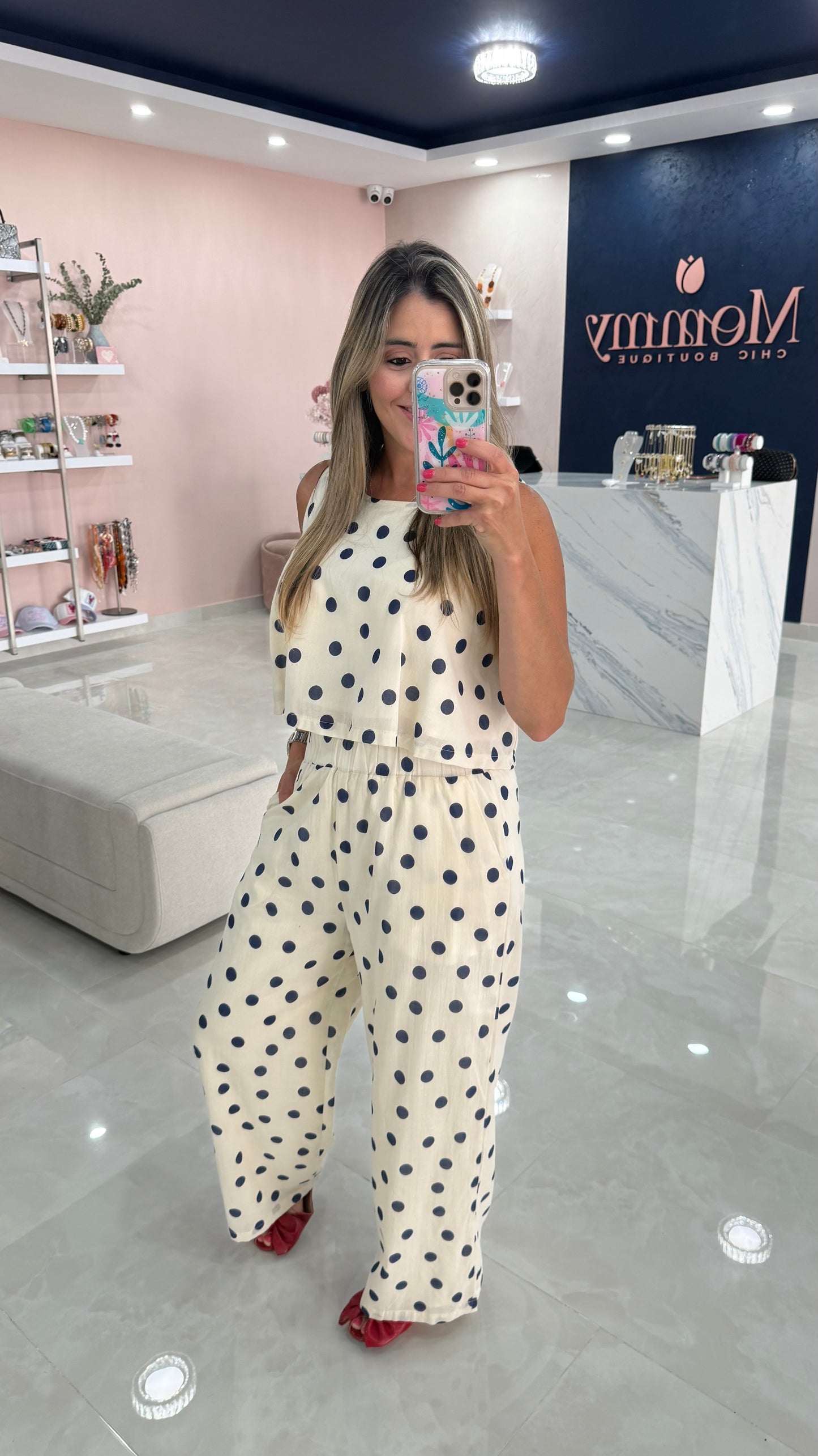 Polka Dots Top & Pant Set Cream / Blue