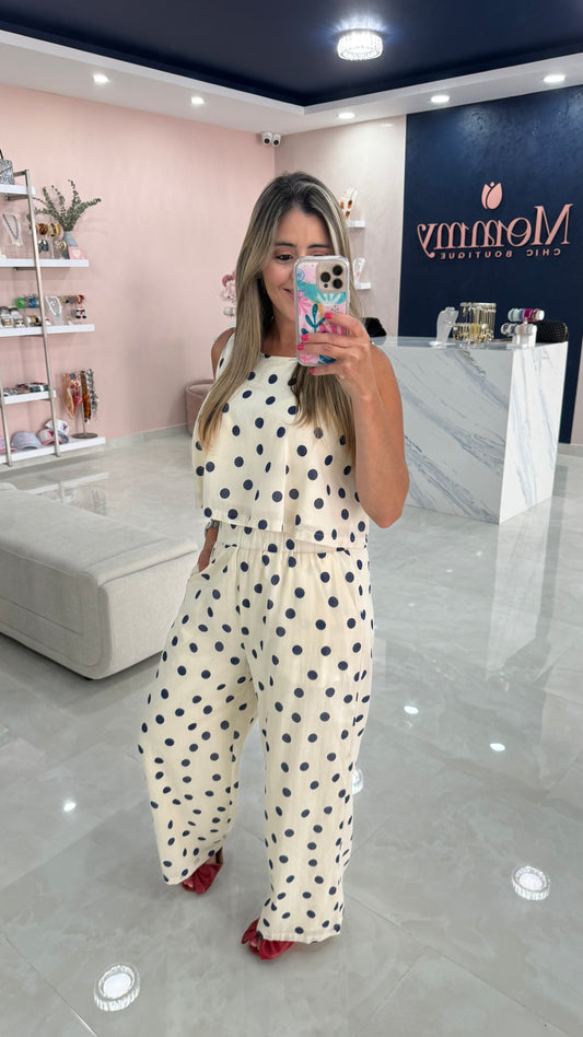 Polka Dots Top & Pant Set Cream / Blue