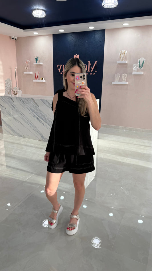 One Shoulder Top & Short Black