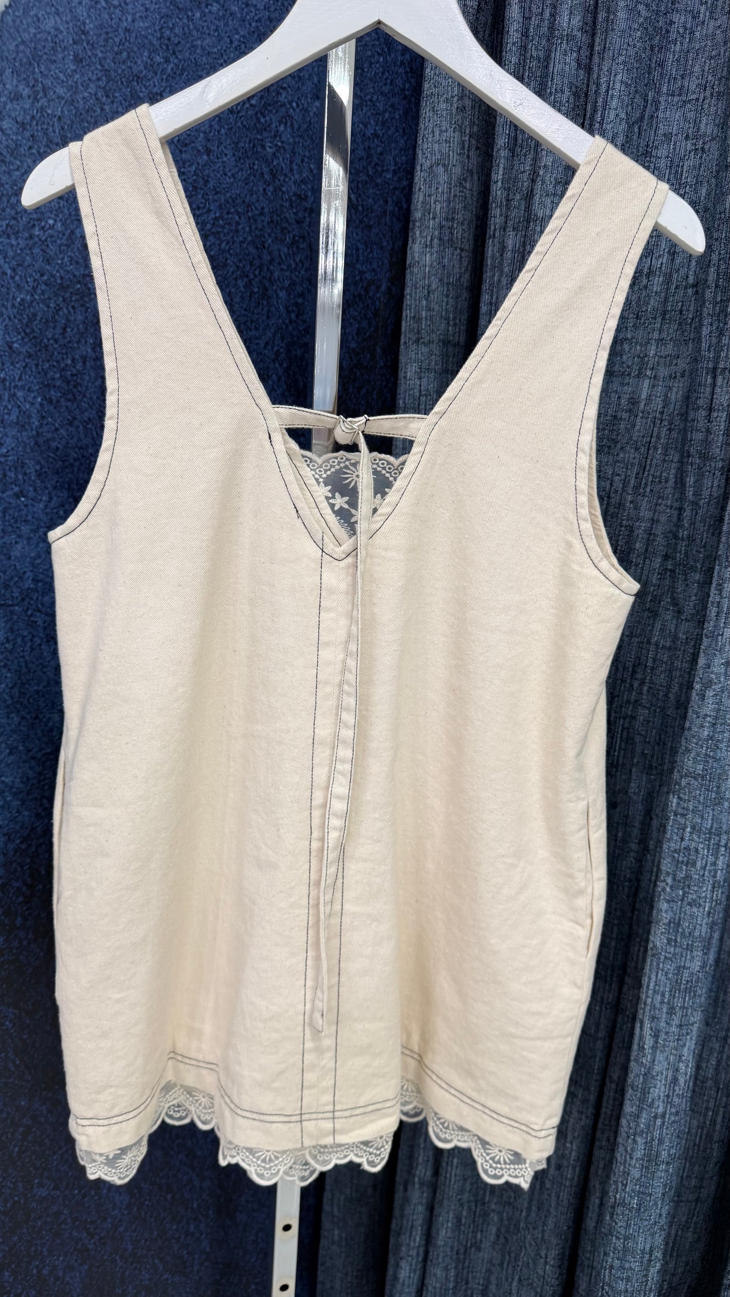 V Neck Denim Dress With Lace Cream