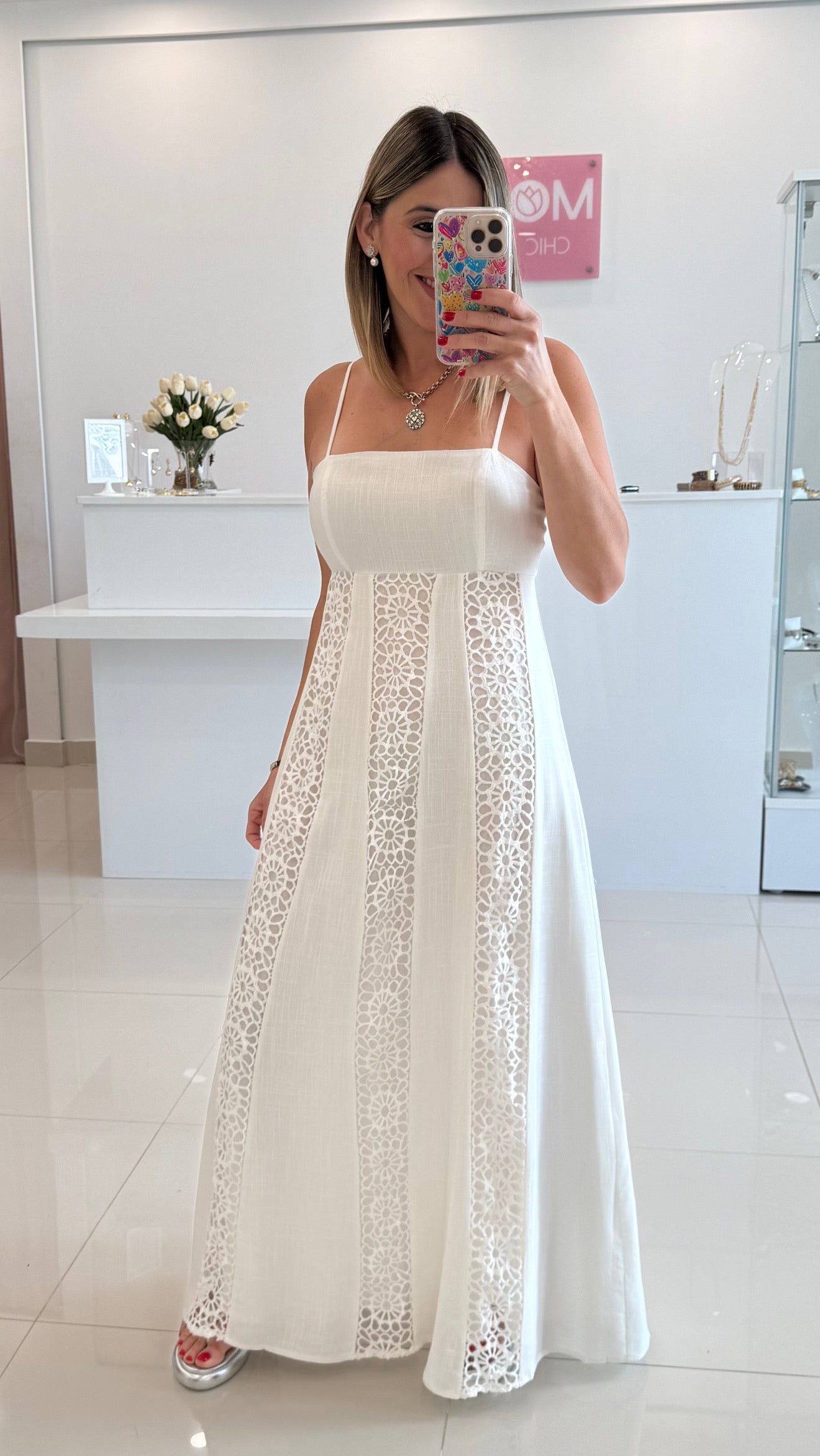 Linen & Crochet Maxi Dress White