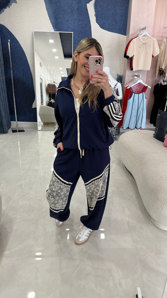 Contras Lace Long Sleeve Jacket & Jogger Set Navy