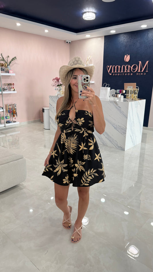 Tropical Leaf Dress Black
