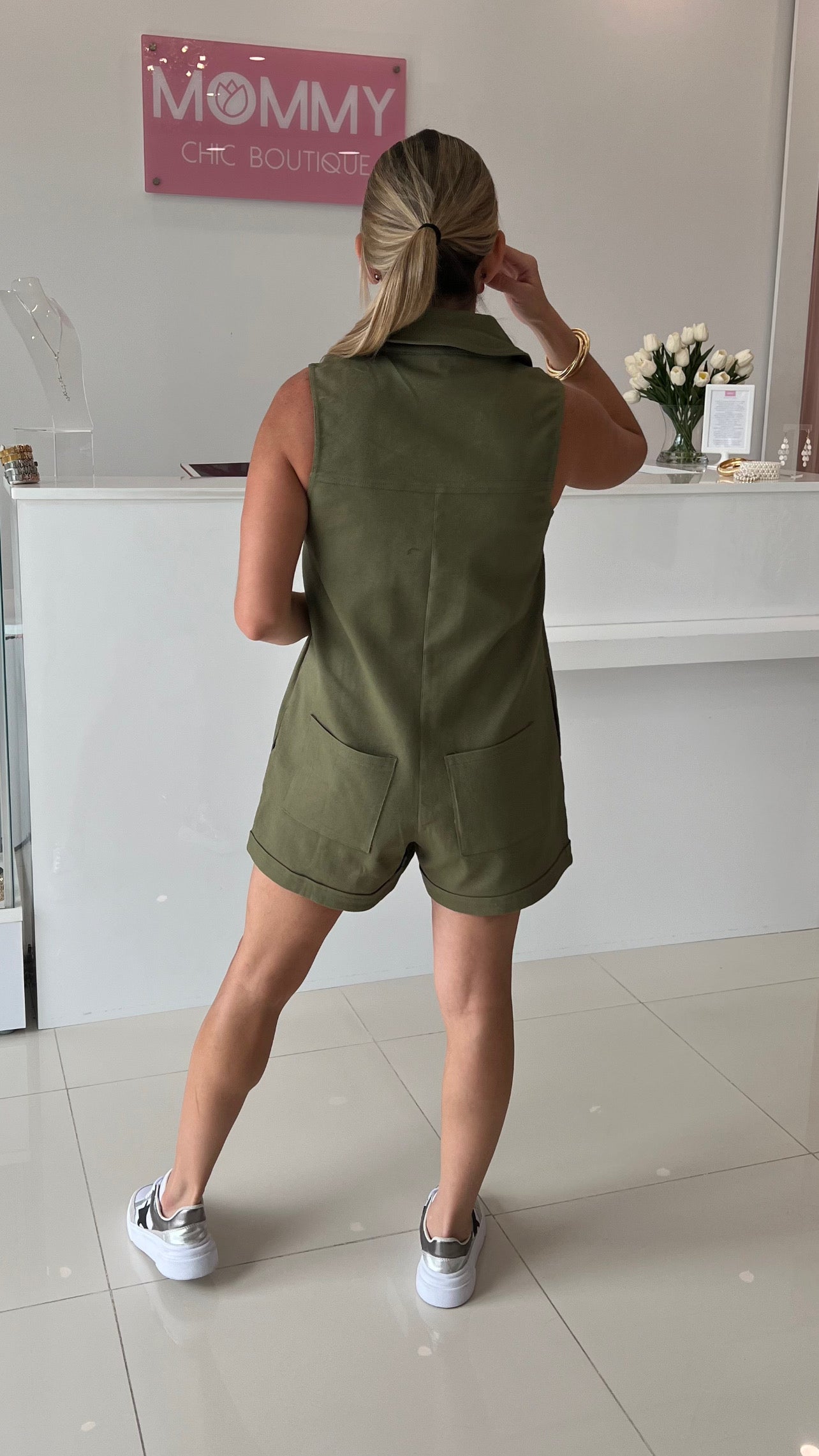 V Neck Denim Romper Olive