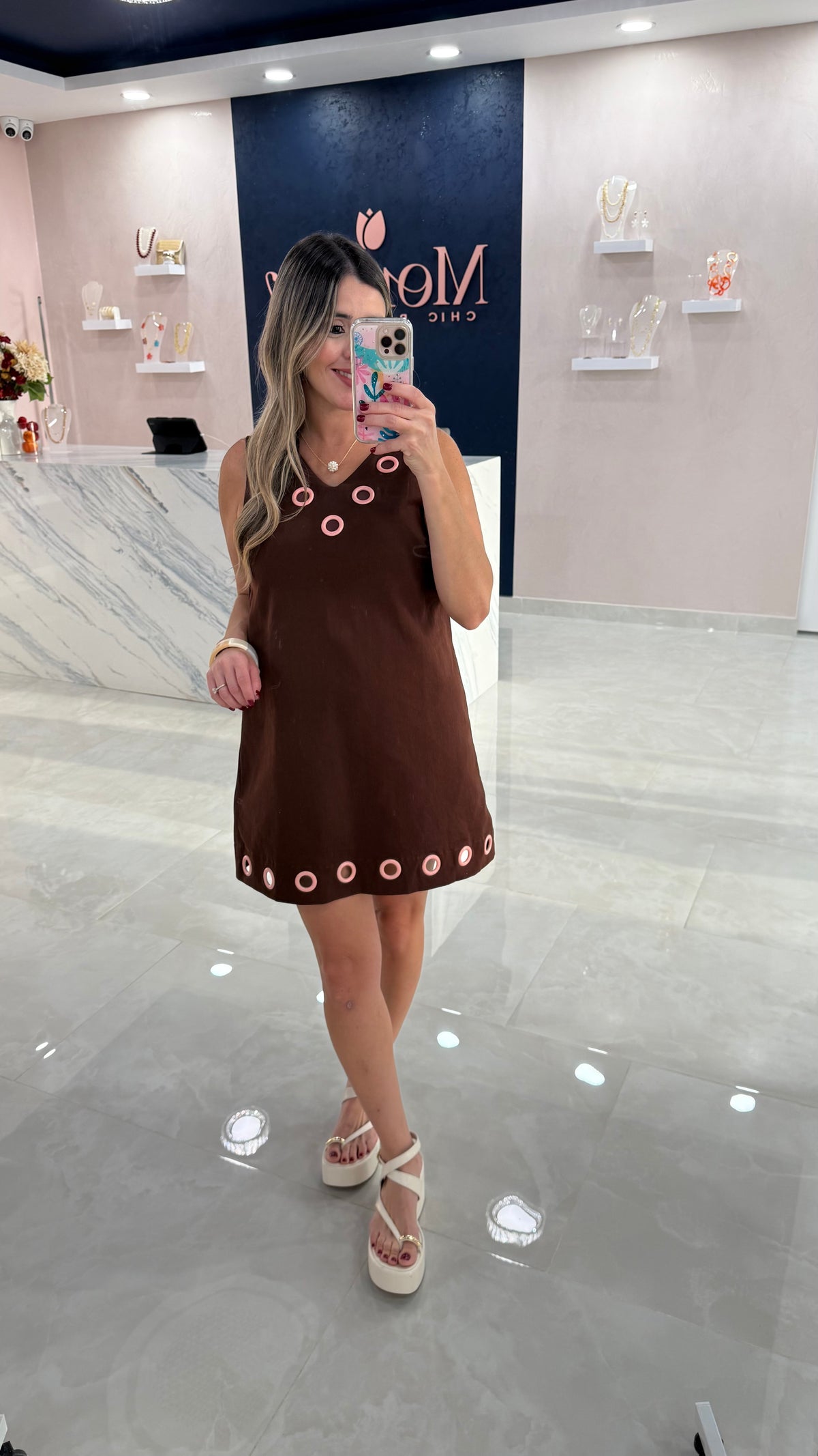 Sleeveless Grommet Denim Dress Brown