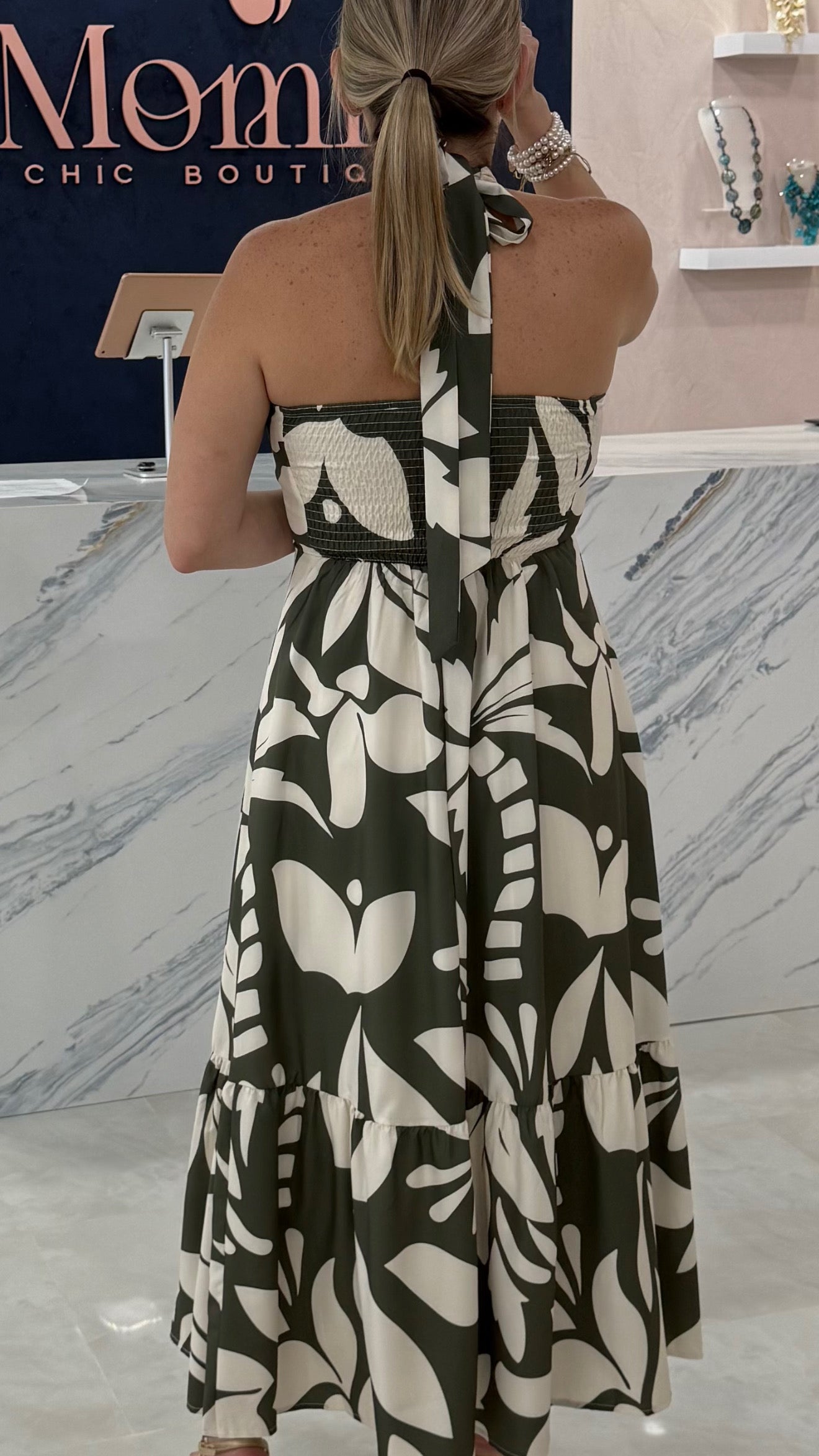 Satin Halter Printed Dress Olive