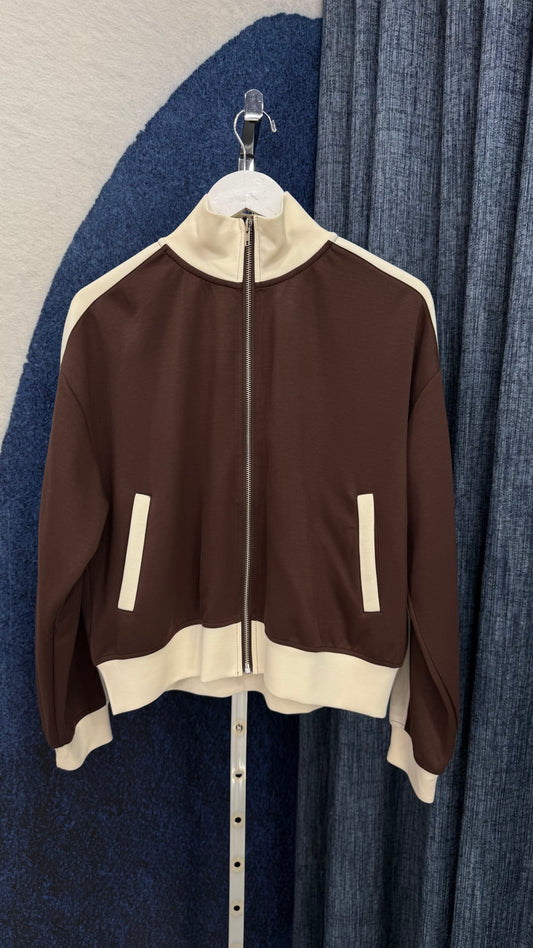Cloud Knit Contrast Zip Up Jacket Brown