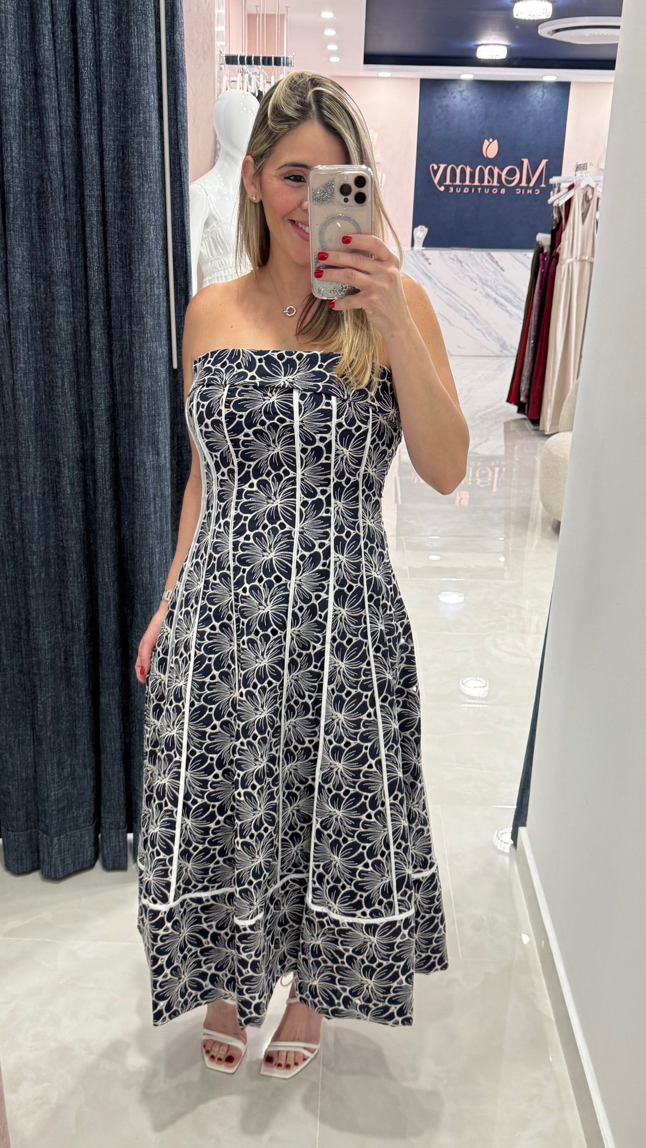 Embroidery Strapless Midi Dress Navy