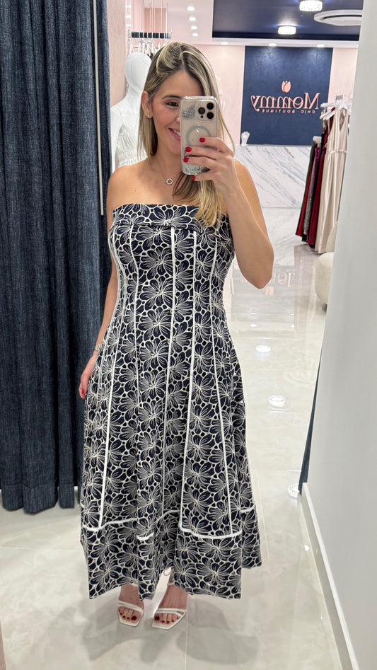 Embroidery Strapless Midi Dress Navy