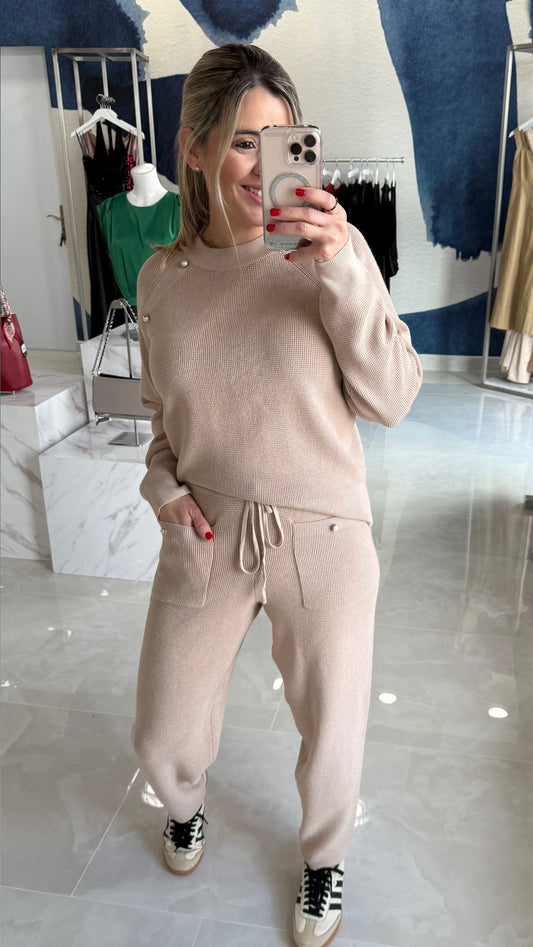 Pearl Detail Sweater Top & Jogger Pant  Taupe