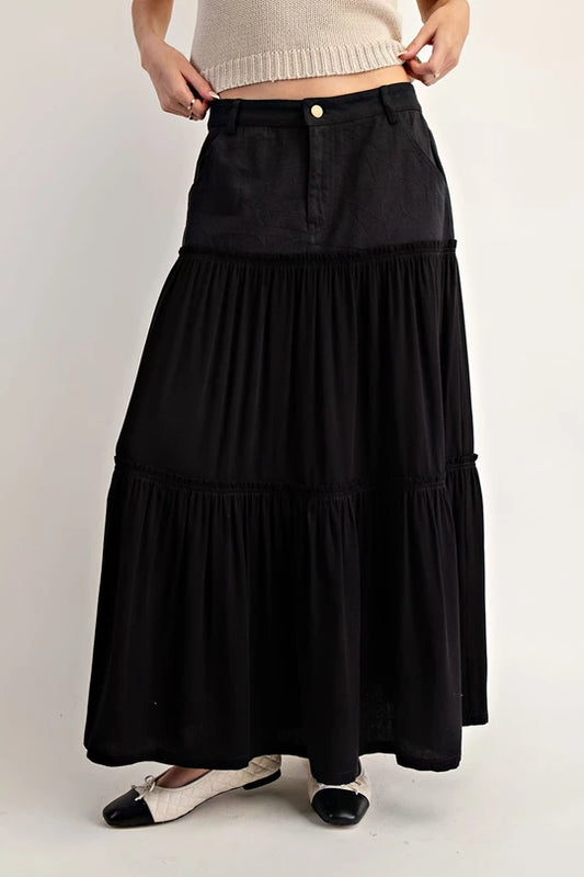 Denim & Rayon Maxi Skirt Black