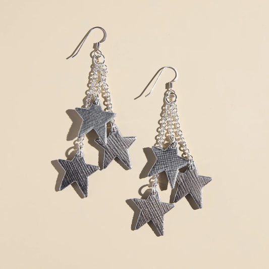 Leather Silver Star Earrings