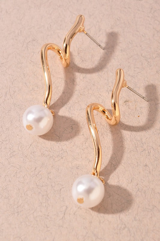 Gold Wavy Pearl Drop Earrings