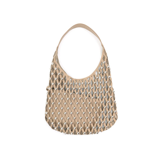 Studded Hand Bag With Chain Beige
