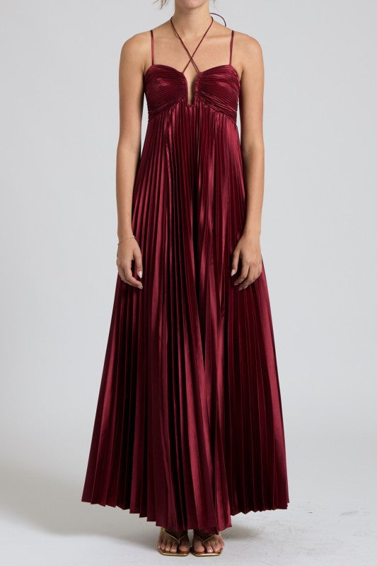 Pleated Satin Maxi Dress Burgundy