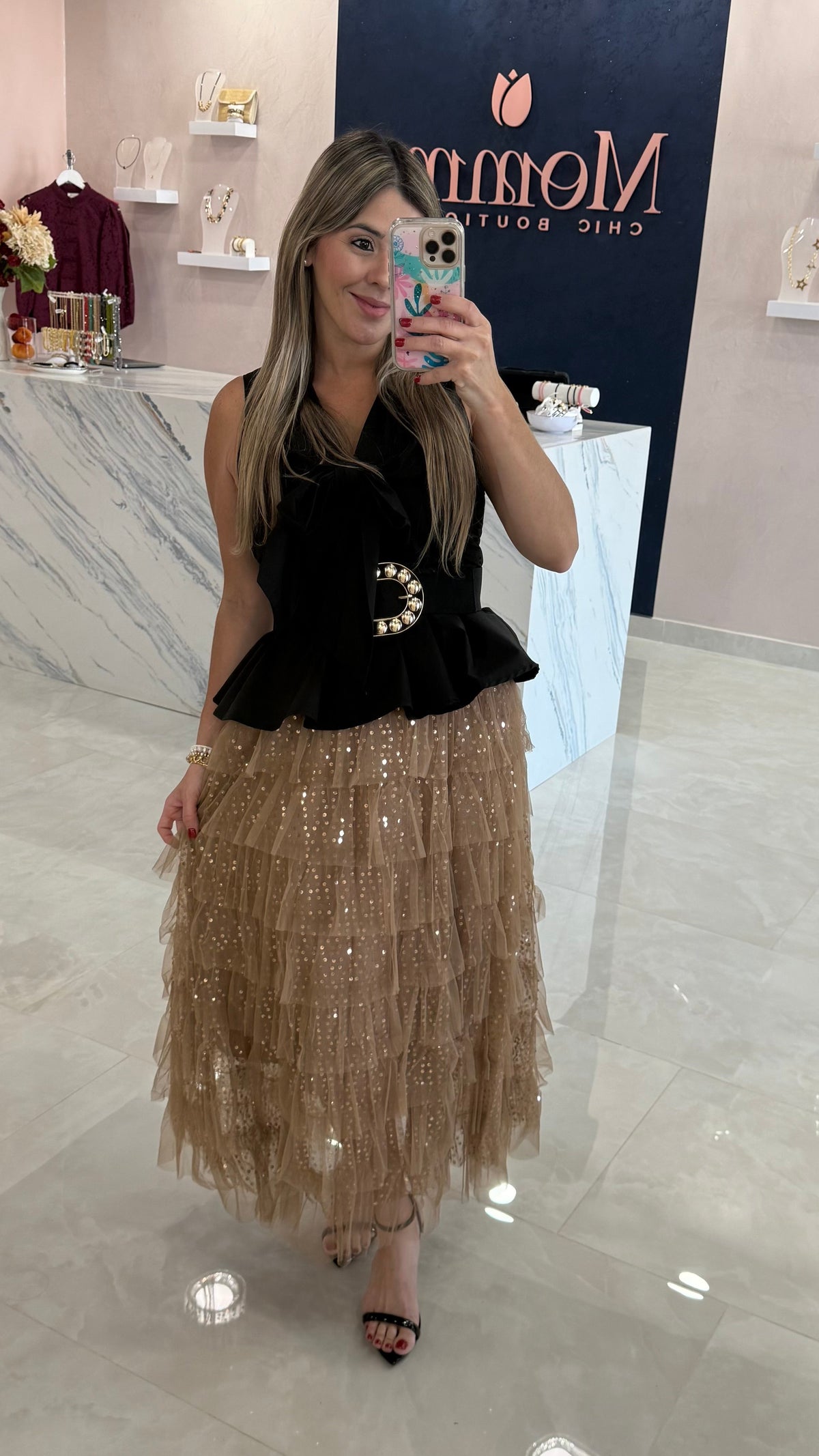 Sequin Mesh Skirt Mocha