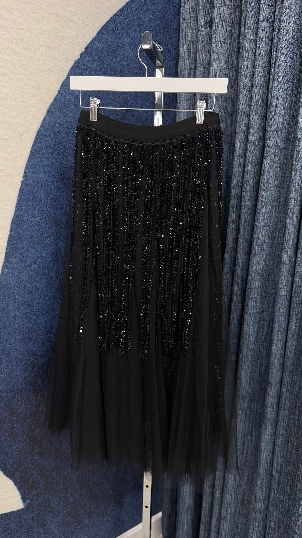 Mesh Sequin Fringe Skirt Black