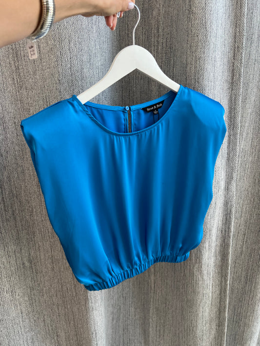 Satin Padded Shoulder Top Blue