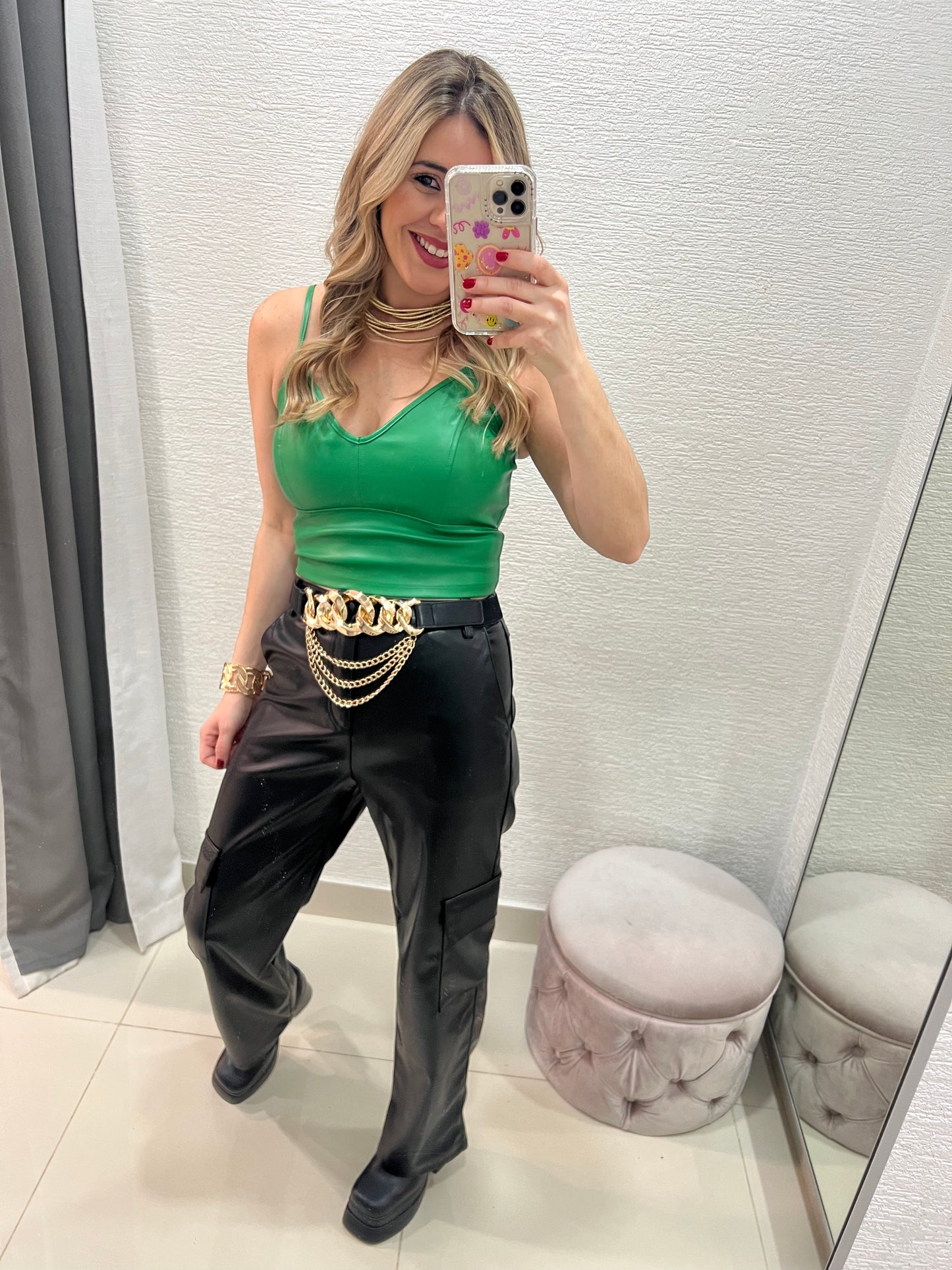 V Neck Leather top - Kelly Green Model Wearing Small
