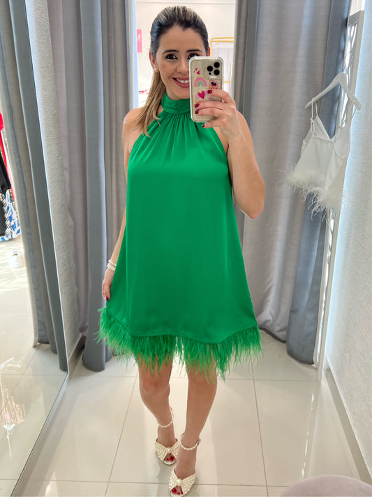 Halter Feathers Dress - Satin Kelly Green